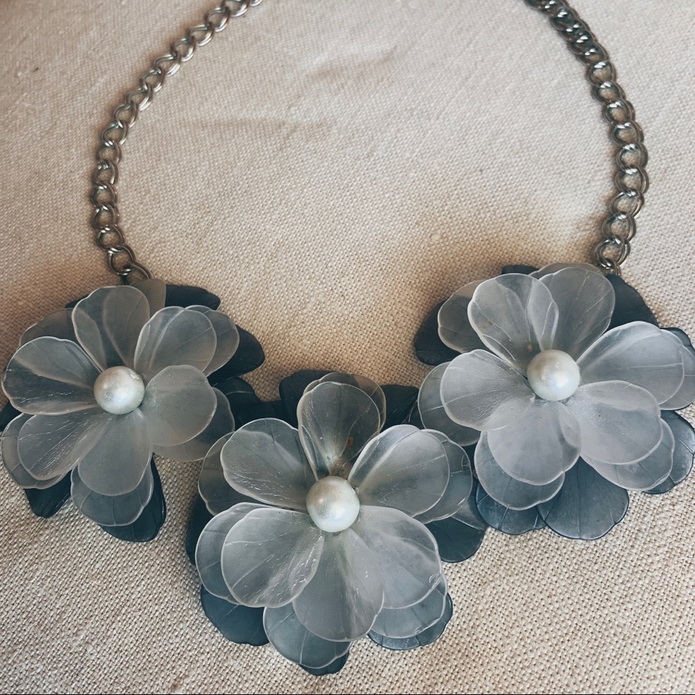 Blue Flower and Pearl Necklace